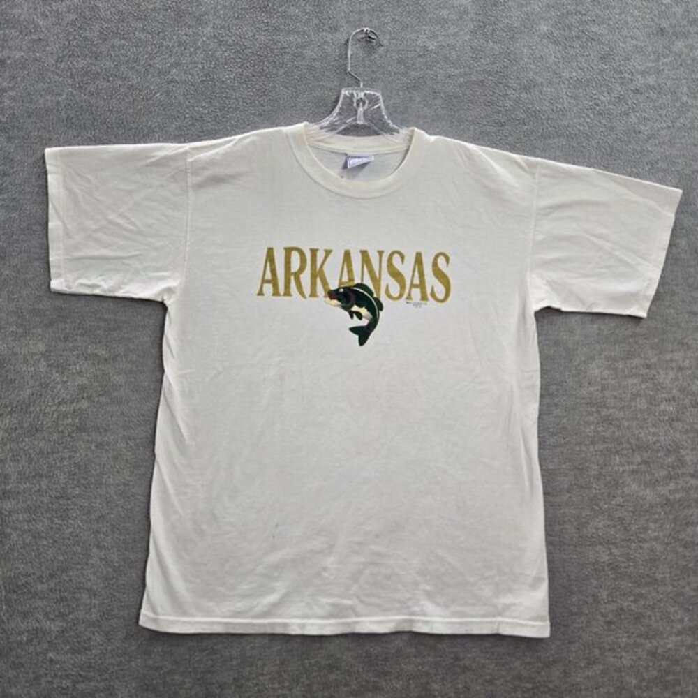 VINTAGE Arkansas Men Shirt Large White Single Stitch Bass Fishing 90s USA READ